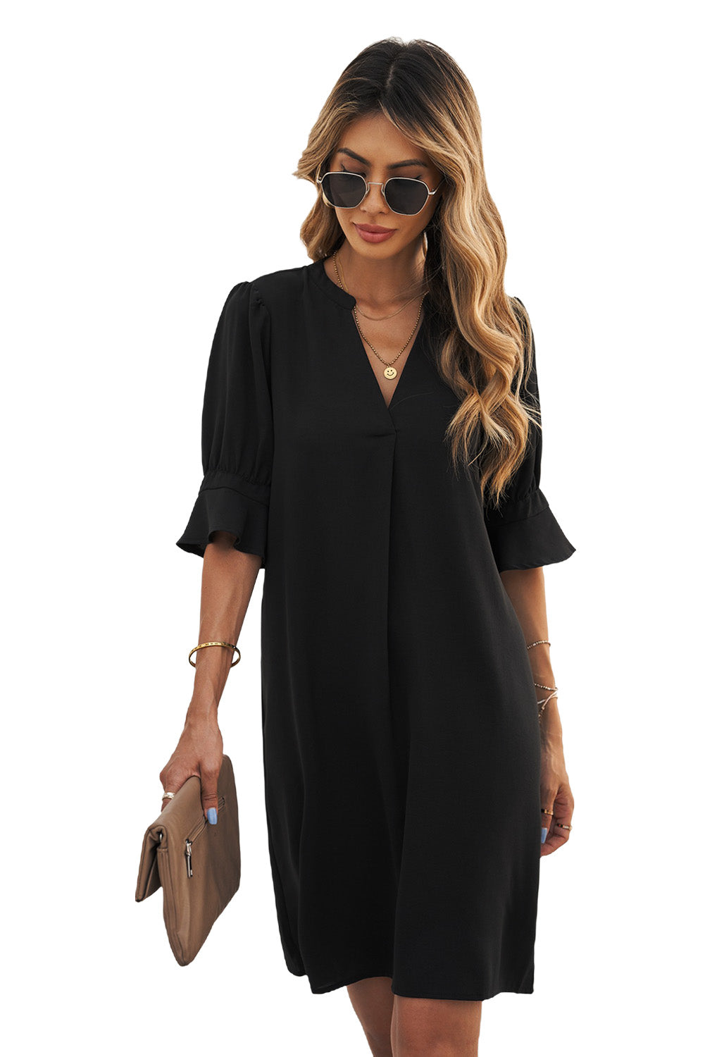 Black Ruffled Sleeve Short Dress