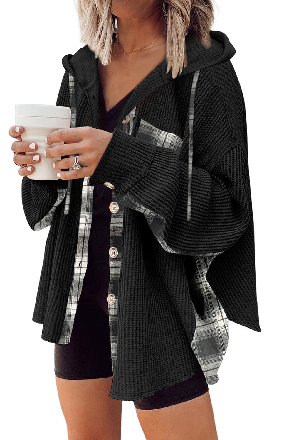 Black Waffle Knit Plaid Patchwork Drawstring Hooded Jacket
