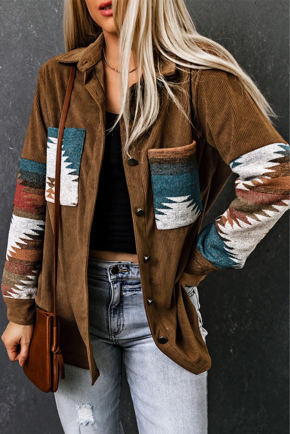 Khaki Aztec Pattern Corduroy Jacket