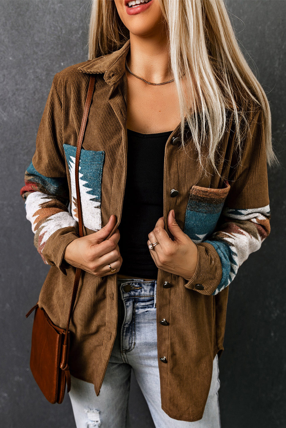 Khaki Aztec Pattern Corduroy Jacket