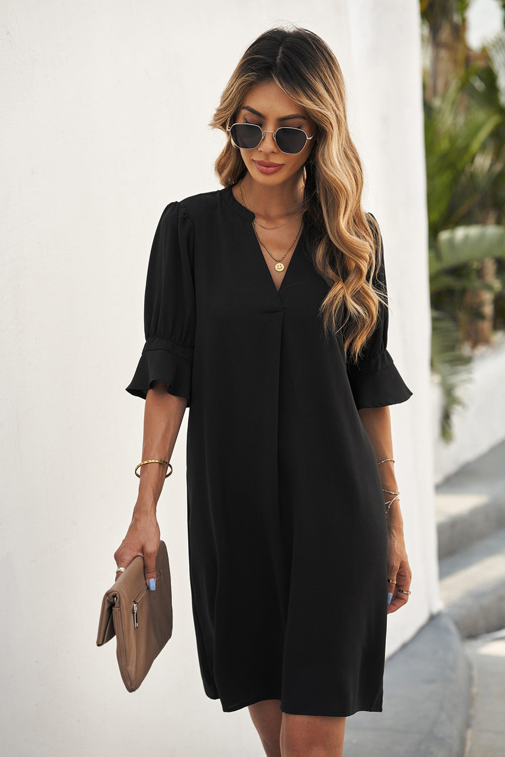 Black Ruffled Sleeve Short Dress