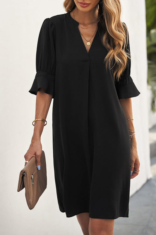 Black Ruffled Sleeve Short Dress