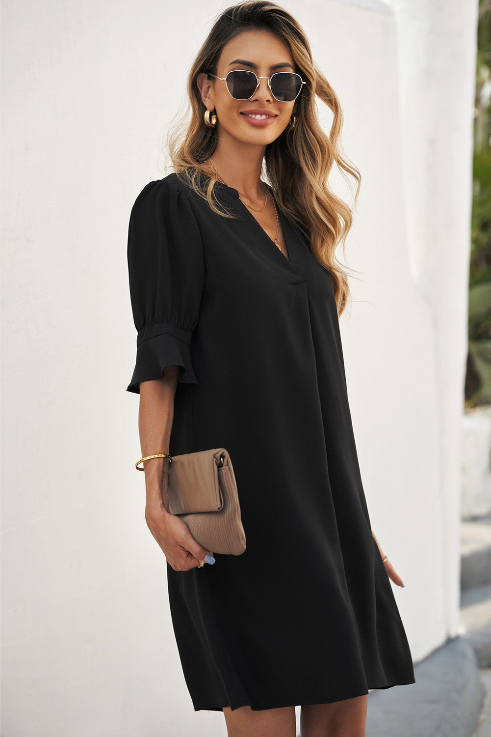 Black Ruffled Sleeve Short Dress