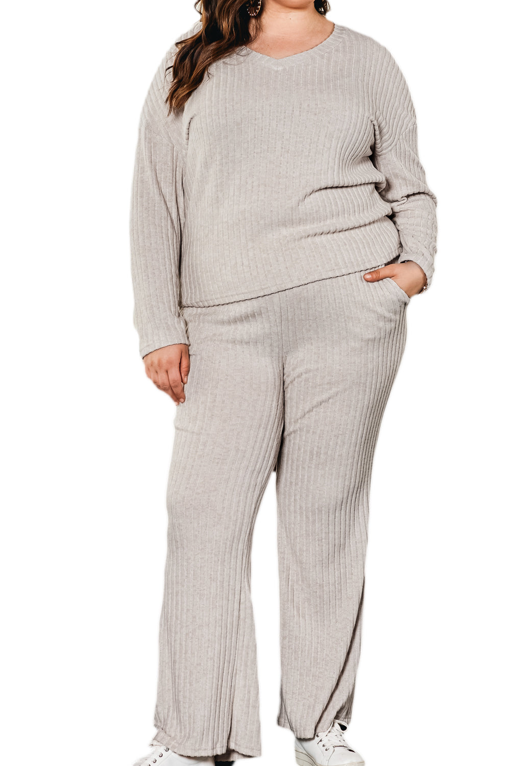 Parchment Plus Size Ribbed V Neck Pullover and Pants Set