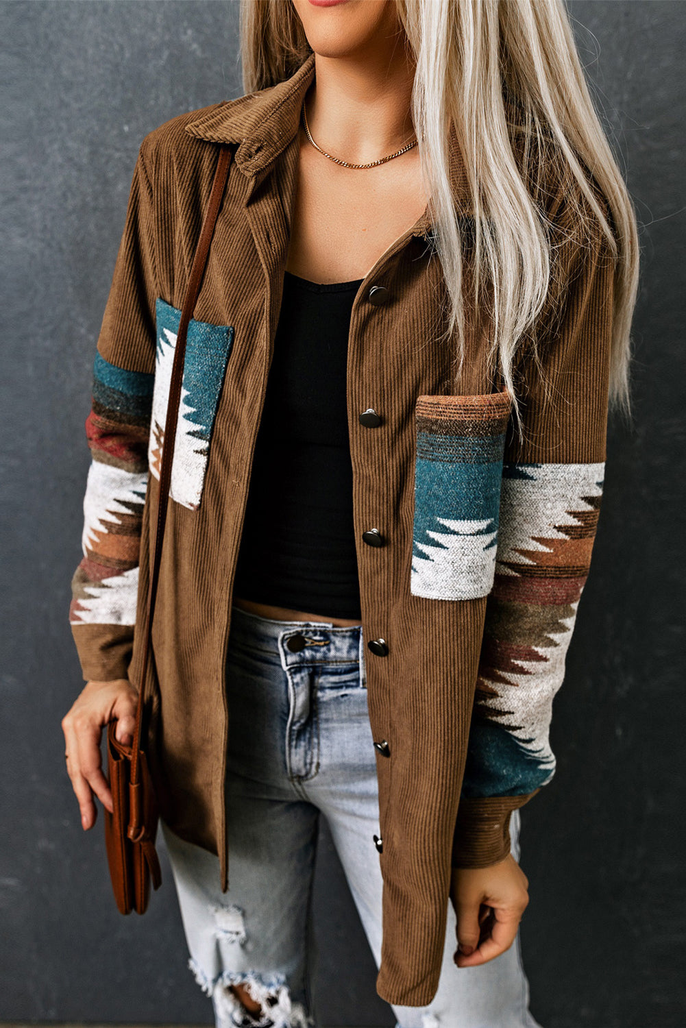 Khaki Aztec Pattern Corduroy Jacket