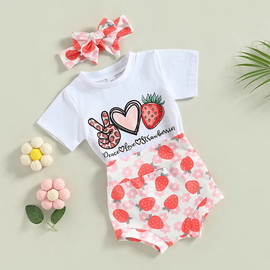 Strawberry Print Short Sleeve T-shirt Elastic Shorts Headband Set