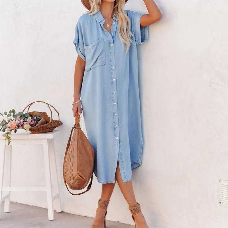 2024 Spring/Summer New Fashion Solid Color Denim Long Slit Shirt Dress Short Sleeve Loose Midi Dresses Simplicity Casual Women Clothing
