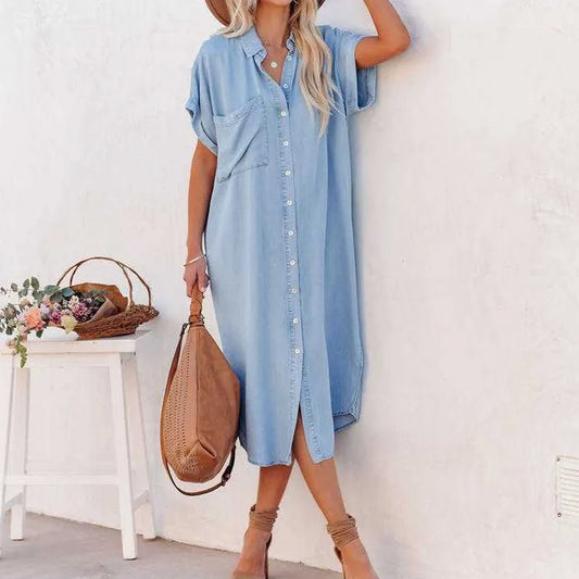 2024 Spring/Summer New Fashion Solid Color Denim Long Slit Shirt Dress Short Sleeve Loose Midi Dresses Simplicity Casual Women Clothing