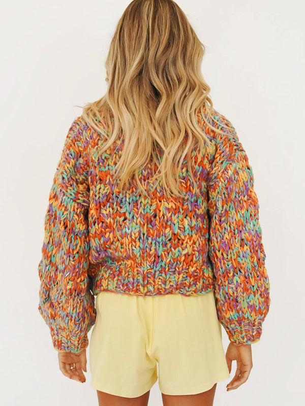Stylish Casual Rainbow Knit Lantern Sleeve Knit Cardigan